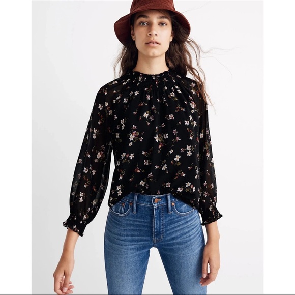 Madewell Tops - Madewell Size XS Black Smocked Mock Neck Top Floral Print Backyard Blooms Blouse